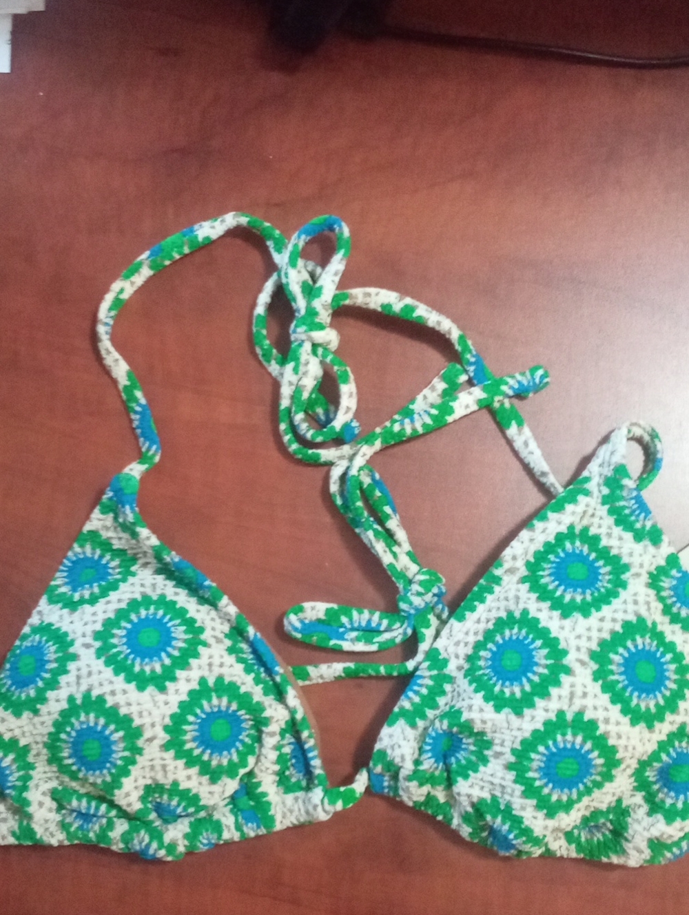 * No Boundaries Green & Blue Patterned Triangle Bikini Top Large 12 14 NWT